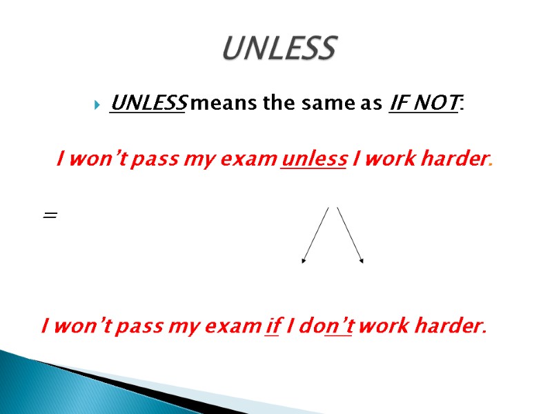 UNLESS means the same as IF NOT:   I won’t pass my exam